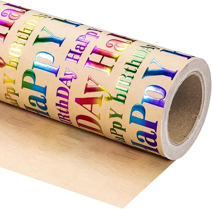 WRAPAHOLIC 3D Kraft Birthday Wrapping Paper Roll - Mini Roll - 17 Inch x 16.5 Feet - Brown and Colorful Foil Happy Birthday Wrapping Paper with Embossed for Kids Boy Girls, Baby Shower