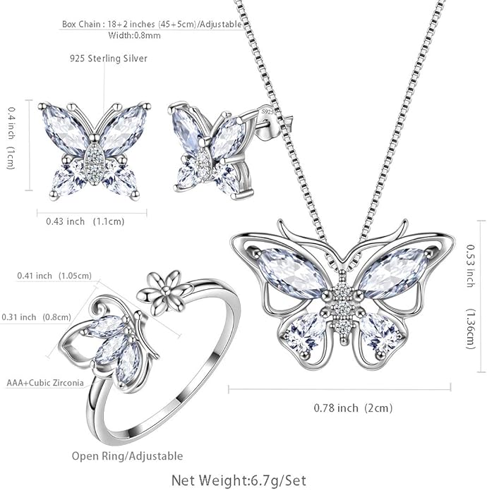 Aurora Tears Butterfly Jewelry,Women 925 Sterling Silver Butterflies Birthstone Pendant Necklace/Earrings/Rings Wedding Gift