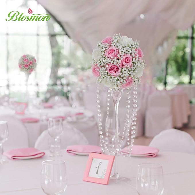 BLOSMON Flowers Balls Wedding Centerpiece: 10 Pcs Pink Rose Babys Breath Artificial Flowers for Table Decorations Silk Kissing Floral Bouquet Arrangements for Home Party DIY Decor