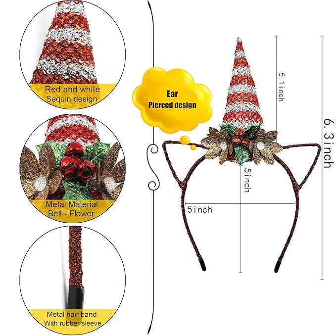 Glittering Christmas Unicorn Headband with Red White Sequined Horn, Hollow-Out Ears, Green Leaves, Red Bells & Gold Flowers - Christmas Cosplay Hairband Festive Party Hair Accessories for Women