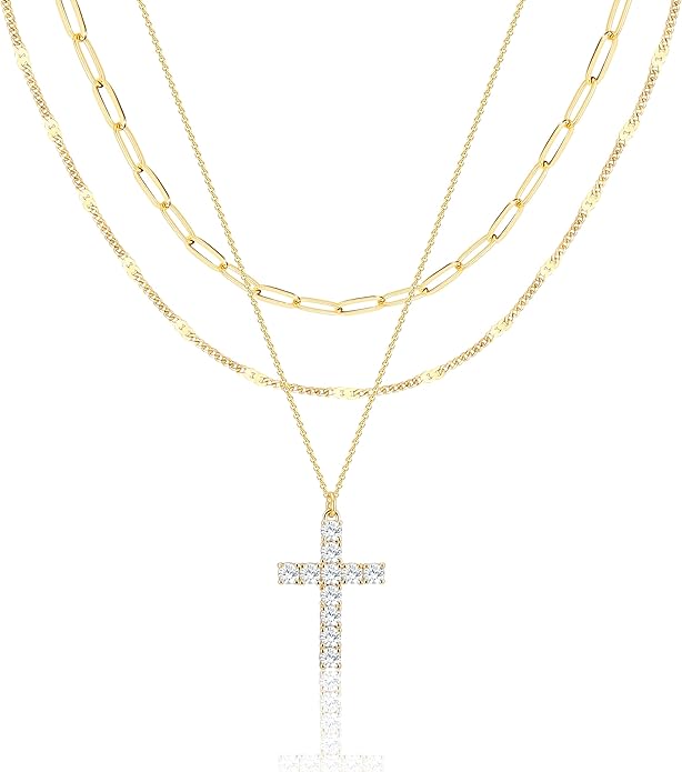 Layered Gold Necklaces for Women, Stackable Dainty 14K Gold Silver Plated Trendy Simple Heart Diamond Cross Bow Circle Pendant Paperclip Choker Dot Chain Necklace,Jewelry Set Gifts for Women
