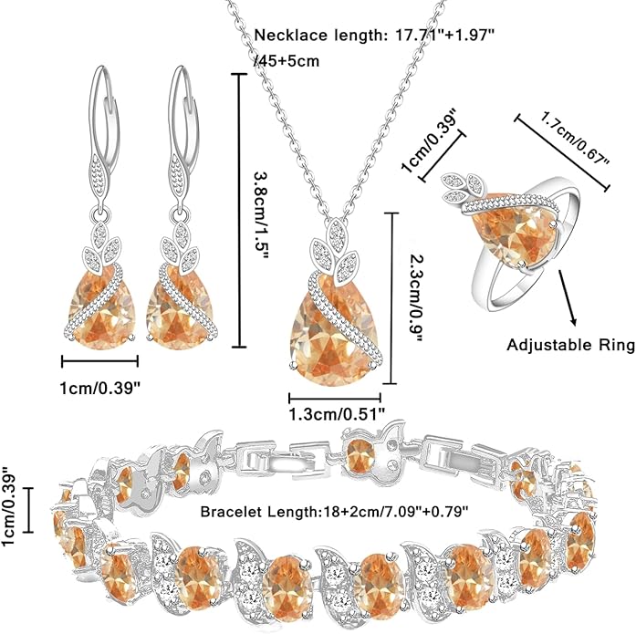 LMXXVJ Jewelry Set for Women,Teardrop Cubic Zirconia Necklace Earrings Adjustable Ring Bracelet Jewelry Set Formal Jewelry Gift
