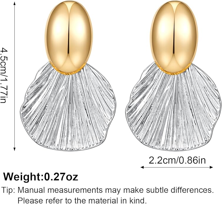 Gold Plated Earrings Dangle Chunky Fan-shaped Earrings Shell Earring for Women Two-Tone Fashion Statement Jewelry