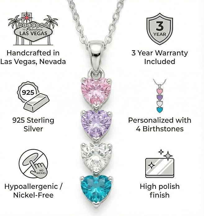 PaulaMax Jewelry Custom Birthstone Necklace for Women in 925 Sterling Silver, Mother's Day Necklace with 1 2 3 4 Heart Birthstones, Personalized and Customized Sterling Silver Chain 18" + 2"