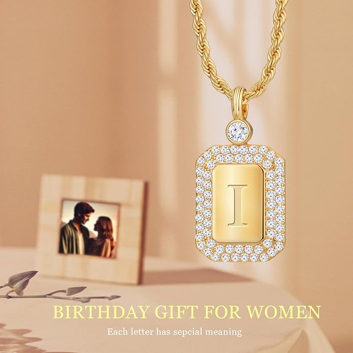 Gold Initial Necklaces for Women, Letter Necklace for Her Birthday Yellow Gold Initial Pendant Necklace with Rope Chain, Women Jewelry Gifts for Her Wife Girlfriend