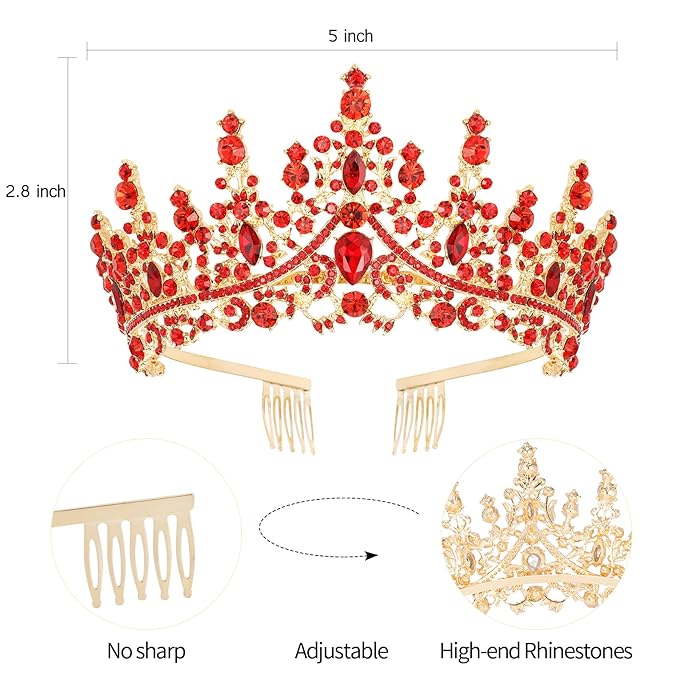 Velscrun Red Crystal Birthday Queen Tiara Crown for Women Girls Birthday Queen Headband Sash Elegant Princess Crown with Combs Hair Accessories Happy Birth Party Decorations Mom Birth Gift