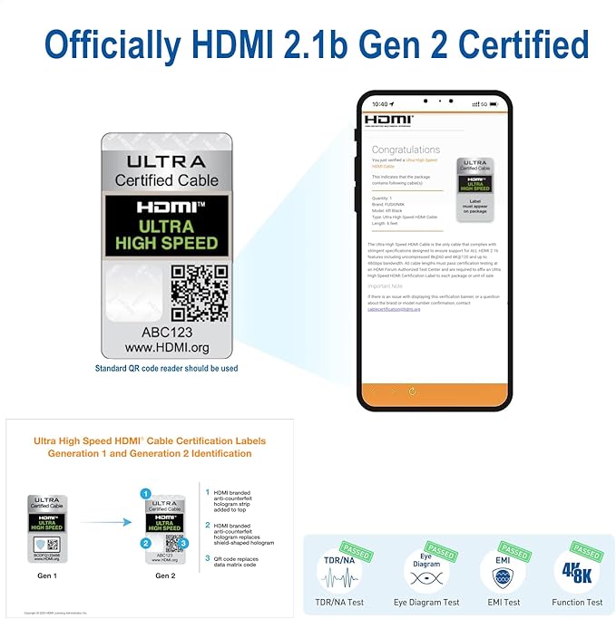 HDMI 2.1 Certified Cable Supports 10K 8K @60Hz and 4K @120Hz Compatible with All TVs, BluRay, Xbox Series X, PS5 (3 Feet)