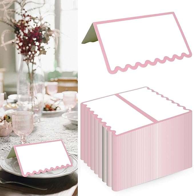 150 PCS Pink Scalloped Place Cards 2 x 3.5 Inch Blank Tented Place Card Name Cardstock Seat Assignment Label Card Reserved Table Signs Seating Signs for Birthday Party Wedding Setting