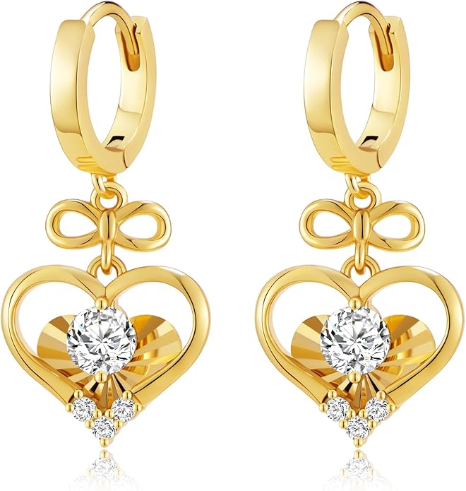 14K Gold Hoop Earrings for Women, 8mm Inner Diameter Huggie Hoops with Heart & Bow CZ Drop, Cubic Zirconia Elegant Dangle Earring, Hypoallergenic Dainty Jewelry, Aretes De Oro Para Mujer 14k