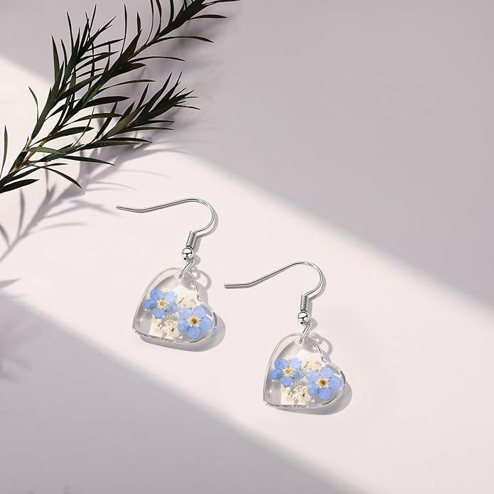 Forget-Me-Not and Queen Anne's Lace Pressed Wildflower Earrings | Pressed Flower Earrings | Handmade Drop and Dangle Earrings | Gift for Woman