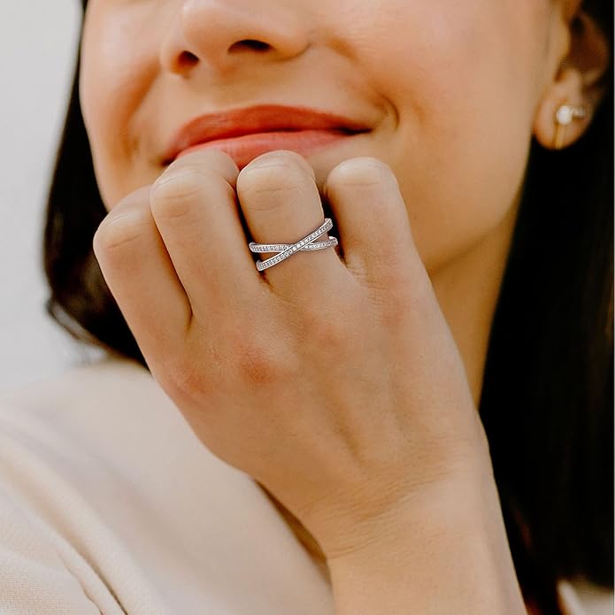 Bestyle 925 Sterling Silver Simulated Diamond CZ Criss Cross Ring for Women, Infinity Love Statement Rings CZ Eternity Engagement Wedding Band Ring for Her