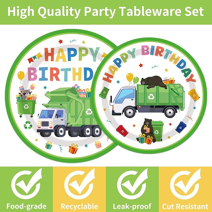 96PCS Garbage Trash Truck Plates and Napkins Party Supplies Trash Truck Birthday Party Decorations Waste Management Recycling Rubbish Truck Themed Disposable Tableware Set Serve 24 Guests