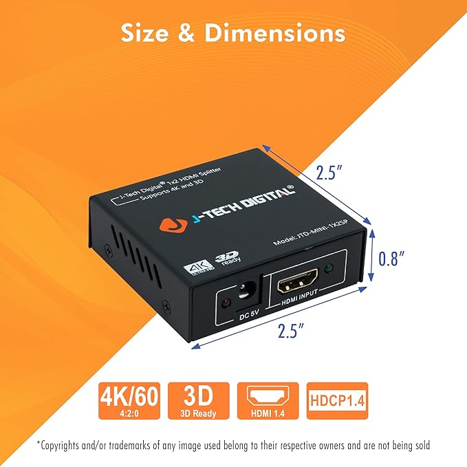 4K@60 HDMI Splitter 1 in 2 out 1X2 Powered Splitter for Dual Monitors by J-Tech Digital [JTD-MINI-1X2SP]