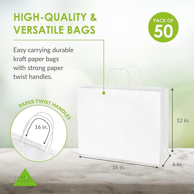 Prime Line Packaging White Gift Bags, Paper Shopping Bags with Handles for Small Business, Boutique, Merchandise, Retail, Party Favors, Bulk, 16x6x12, 50 Pack