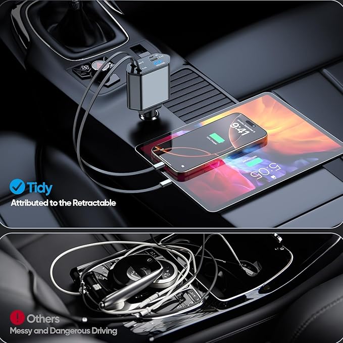 66W Retractable Car Charger,CarCharger Fast Charging 4 in 1 Car Phone Charger Retractable USB C Cable,Type C to Lightning Cord,USB C Port and USB A Port Fast Charging for iPhone 16/15/14,iPad