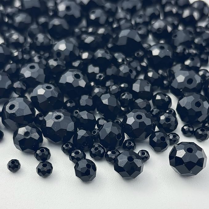 600pcs Crystal Glass Beads 3mm 4mm 6mm 8mm 10mm Rondelle Faceted Crystal Beads Spacer Beads for Necklace Bracelet Earrings DIY Jewelry Crafts Making Supplies(Black)