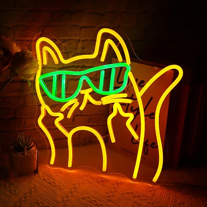 Cat Sunglasses Neon Sign - Cartoon Cat LED Wall Light/USB Powered, Hanging Kit Included/Edgy Decor for Teen Bedrooms, Urban Cafes & Fashion Stores