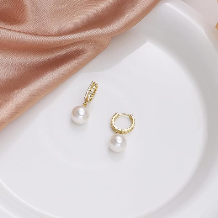 Pearl Earrings for Women 14K Gold Plated Hypoallergenic Pearl Earrings 5A Cubic Zirconia Dangle Earrings Elegant Jewelry