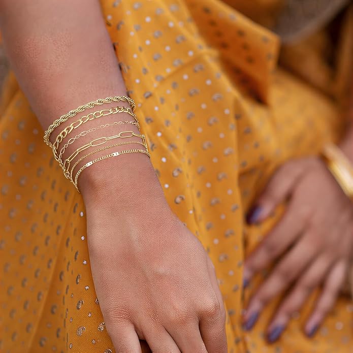 Emibele Gold Bracelets for Women, Dainty Adjustable 14K Gold Plated Bracelet Stack, Elegant Beaded Link Chain Bracelet Sets, Jewelry Gifts for Women