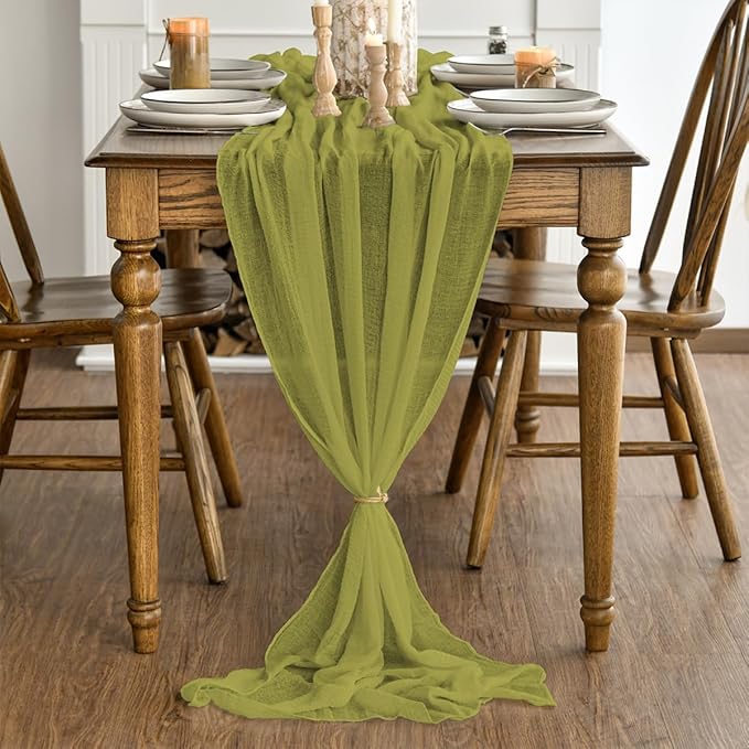 Artoid Mode Boho Cheesecloth Gauze Grass Green Wedding Table Runner, 120 Inch Seasonal Spring Fabric Kitchen Dining Holiday Table Decor for Home Party Indoor