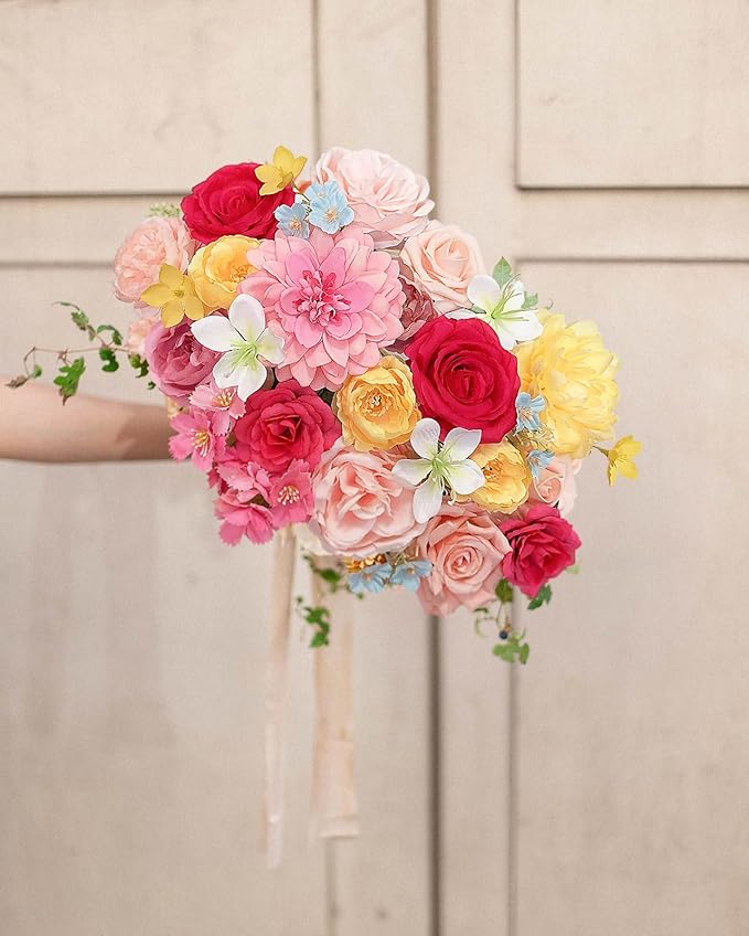 Roses Artificial Flowers Pink Yellow Fake Flower Bulk for Easter Spring Wreath DIY Wedding Bouquet Bridal Baby Shower Party Table Centerpiece Home Decorations Silk Floral Arrangements Fuchsia