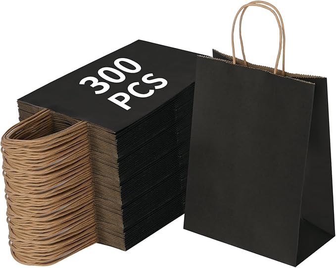 Joybe 300 Pack 6x3.25x8 Inch Small Black Paper Bags with Handles Bulk, Kraft Paper Gift Bags for Birthday Party Favors Grocery Retail Shopping Business Goody Merchandise Craft Blank Sacks (300pcs)