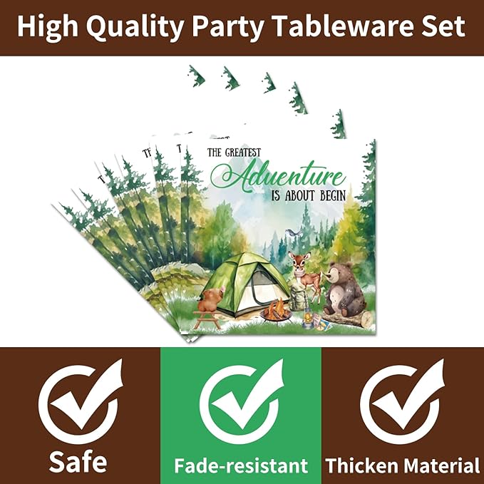 One Happy Camper Birthday Decorations - 96PCS One Happy Camper Plates and Napkins Party Supplies 1st Birthday Decorations Boy Adventure Camping Disposable Tableware Set Serve 24 Guests
