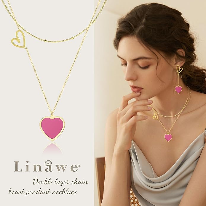 Linawe Layered Choker Heart Pendant Necklace for Women Trendy, Gold/Silver/Rose Gold Chain Stainless Steel Stacked Necklaces, Double Heart Necklace Y2K Preppy Jewelry