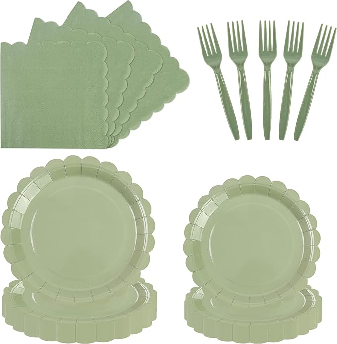 96PCS Sage Green Paper Plates and Napkins, 24 Guest Sage Green Disposable Tableware Set Include Scalloped Paper Plates Napkins and Forks Decoration Party Supplies for Baby Shower Wedding Birthday