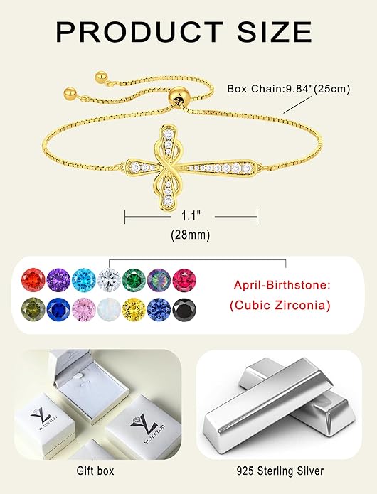 YL Cross Bracelet 925 Sterling Silver Infinity Sideways Link Bracelet Birthstone Jewelry for Women