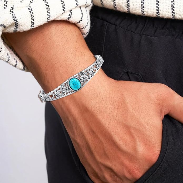 Genuine Turquoise Cuff Bracelet for Women, Sterling Silver Western Vintage Floral Bangle Native American Jewelry, For 6.5-7.5 Inch Wrists