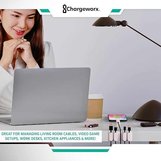 Magnetic Cable Clips [10-Pack] – Chargeworx Cord Organizer for Desk, Nightstand, Car, Wall – Strong Adhesive Wire Holder for USB-C, Lightning, Micro-USB – Tangle-Free, Snap-On, Easy Cable Management