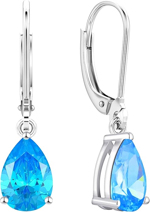 YL 925 Sterling Silver Teardrop Dangle Drop Earrings for Women 7x10 MM Solitaire Birthstone Leverback Jewelry