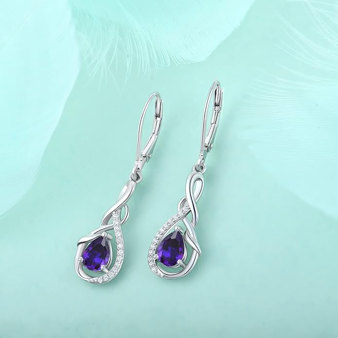STARCHENIE 925 Sterling Silver Necklace Dangle Earrings for Women Infinity Twisted Teardrop Pendant February Birthstone Created Amethyst Jewelry Set