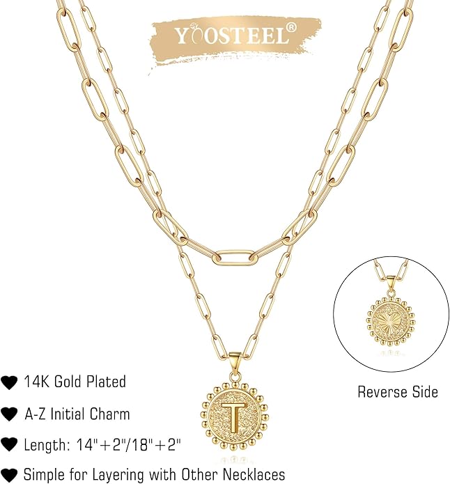 Yoosteel Valentines Gifts for Women Her - Gold Layered Initial Necklaces for Women 14K Gold Plated Dainty Layering Paperclip Link Chain Necklace Coin Initial Necklace Birthday Gifts for Teen Girls