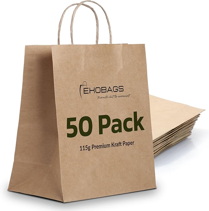 EKOBAGS Granvia | 10x7x12 inches | 50-Pack Kraft Paper Gift Bags with Handles | 115 GSM Brown Paper Bags for Small Business, Shopping & Party Favors | Recyclable | Holds up to 13.8L/8 lbs