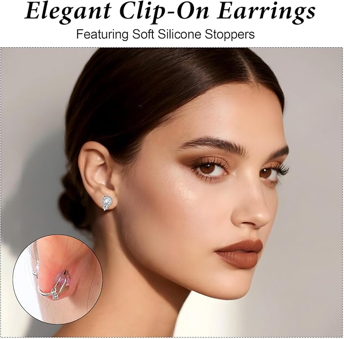 Clip On Earrings for Women Non-Pierced - 5-Pair Set Sparkling CZ Diamond Silver Tone Earrings | Comfortable Fit for Wedding, Prom, Party, Dance Competition | No Piercing Ear Accessories Set