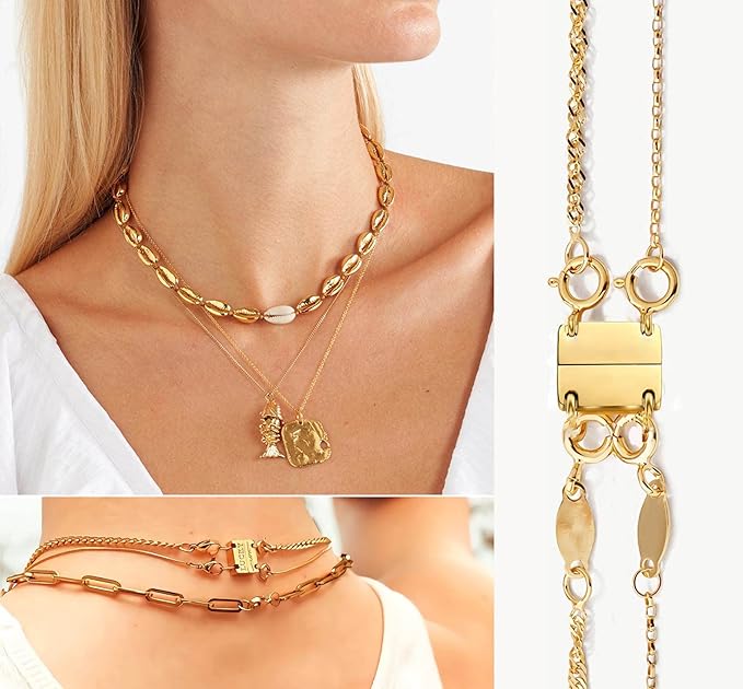 Layering Magnetic Necklace Clasp,18 K Gold and Silver Separator for Stackable Necklaces