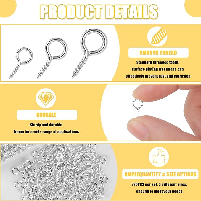 720PCS Small Screw Eye Pins, 3 Styles of Mini Eye Screws, Eyelet Pins Hooks for DIY Crafts, Art Projects, Tiaras and Jewelry Making - Silver