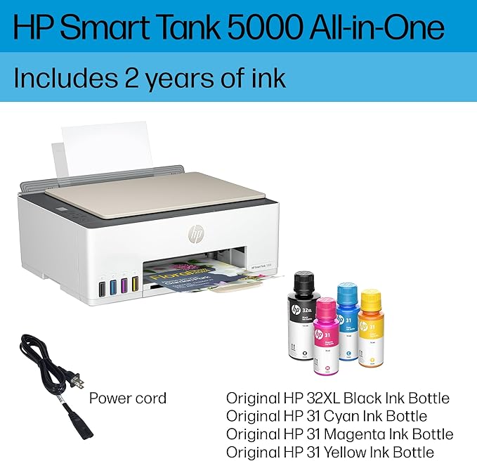 HP Smart Tank 5000 Wireless All-in-One Ink Tank Printer with up to 2 years of ink included, mobile print, scan, copy