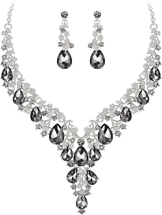BriLove Women's Wedding Bridal Austrian Crystal Teardrop Flower Cluster Statement Necklace Dangle Earrings Jewelry Set for Party Prom