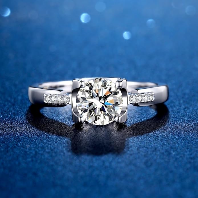 S925 Sterling Silver Wedding Ring for Women,Chic Bullhead Style, 1/2/ Carat Round Cut Diamond Ring, VVS1 D-Color,Women's Promise Rings