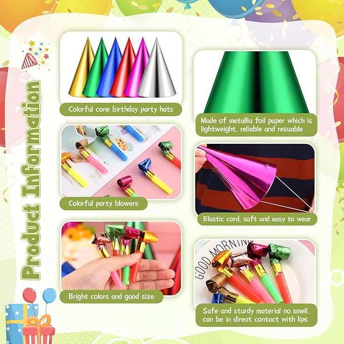 300 Pcs Birthday Party Cone Hats and Colorful Noisemakers Blowers Set Metallic Foil Paper Cone Hats Noisemakers Blow Whistle for Kids Children Adults Birthday Party Supplies
