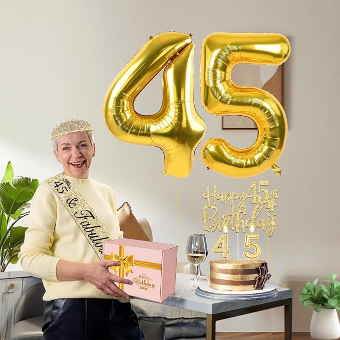 45th Birthday Decorations for Women Gold with 45th Birthday Sash and Tiara, Cake Topper and Candles, Gold Number Balloons, 45 Year Old Gifts for Women