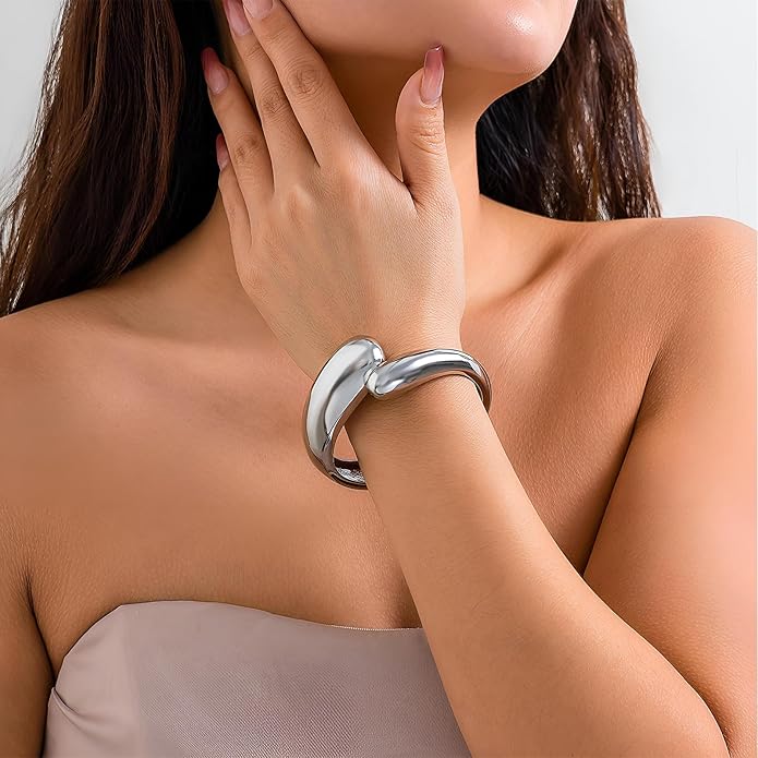 Golden Polished Chunky Twisted Hinged Waterdrop Bangle Bracelet for Women Spiraled Oval Bangle Bracelet