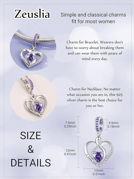 Heart Birthstone Charms for Bracelets, 925 Sterling Silver Women Bead Charms for Charm Bracelets Necklace, Mother's Day Birthday Anniversary Jewelry Gifts for Wife Mom Grandma Daughter