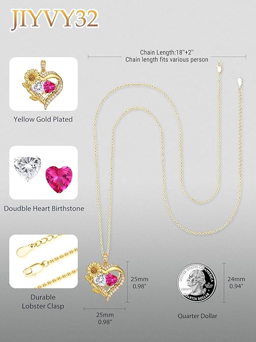 Sunflower Heart Necklace for Women 14K Gold Exquisite Valentines Day Anniversary Birthday Gifts for Wife Mother Her Double Birthstone Pendant Jewelry‘You Are My Sunshine’