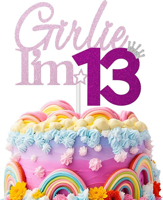 Girlie I'm 13 Cake Topper, 13th Birthday Decorations for Girl, Glitter Funny 13th Birthday Cake Topper, Girlie 13 Year Old Birthday Party Decoration Supplies