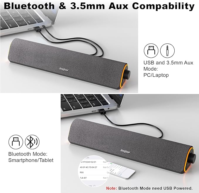 SOULION R50 Bluetooth Computer Speakers, 3.5mm PC Sound Bar for Desktop Monitor, Wired USB Powered & Colorful LED Lights with Switch Button, Surround Sound Soundbar PC Spearkers for Computer