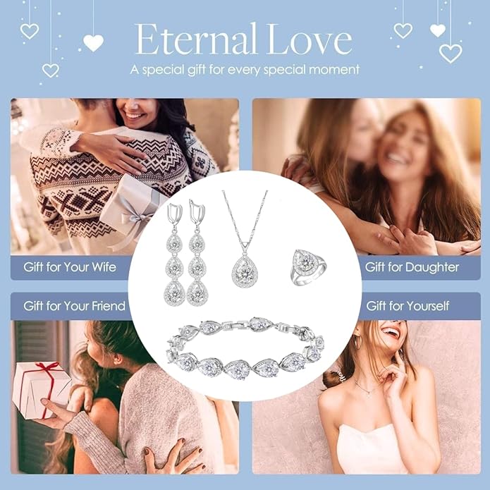 LMXXVJ Necklace Long Earrings Bracelet Set, White Gold Plated Created Blue Sapphire Jewelry Set Wedding Party Gift Jewelry for Women Bridal Bridesmaid